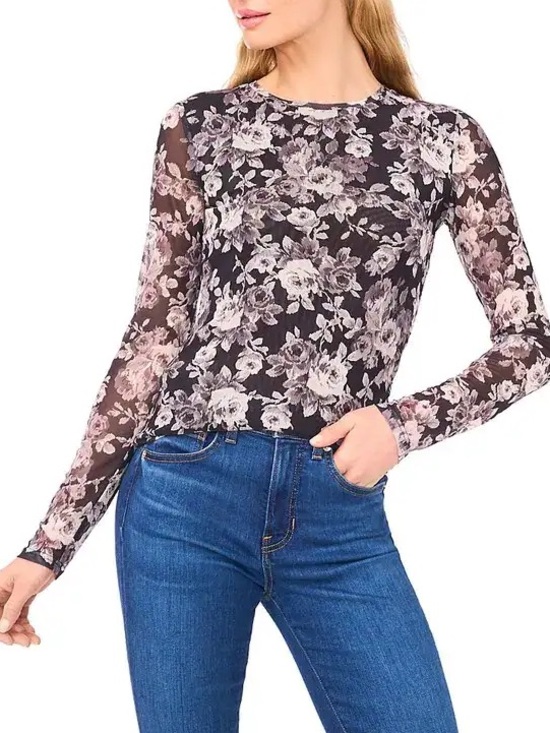 Ted Baker London Tops - Ted Baker London Rich Black Sheer Floral Velvet Snowfall Long-Sleeve Mesh Top